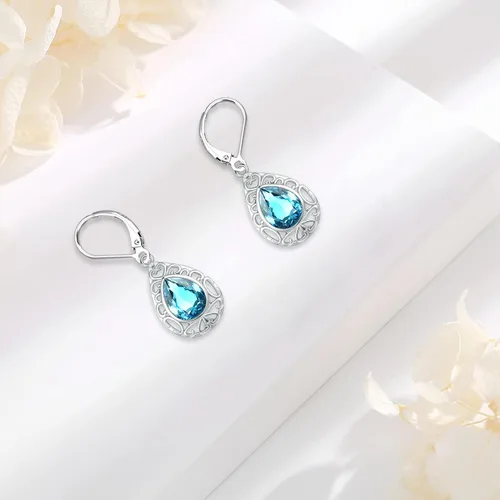 Miniatura 117 de Aretes colgantes de plata de ley con diseño de árbol de la vida, flor, abeja, animales, gato, colibrí, piedra lunar, turquesa, aretes con cierre