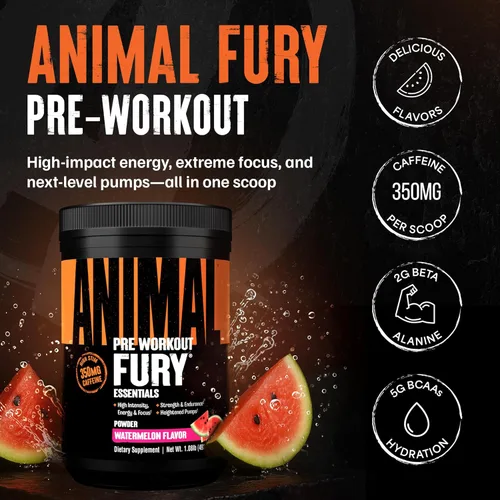 Miniatura 2 de Animal Fury Suplemento en Polvo Pre-Entreno para Energía y Concentración 5g BCAA 350mg Cafeína Óxido Nítrico Sin Creatina Estimulante Potente