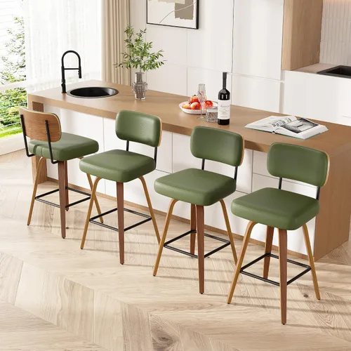 Miniatura 33 de Juego de 1 taburete de bar giratorio, taburetes de bar tapizados de 26" de altura para encimera con respaldo de nogal y patas de madera curvada