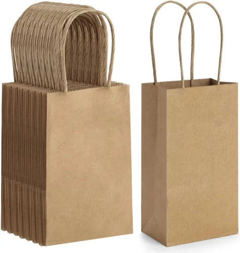 BagDream Paquete de 50 bolsas pequeñas de papel kraft de 3.5 x 2.4 x 6.7 pulgadas con asas, mini bolsas de regalo de fiesta, bolsas de dulces, bolsa