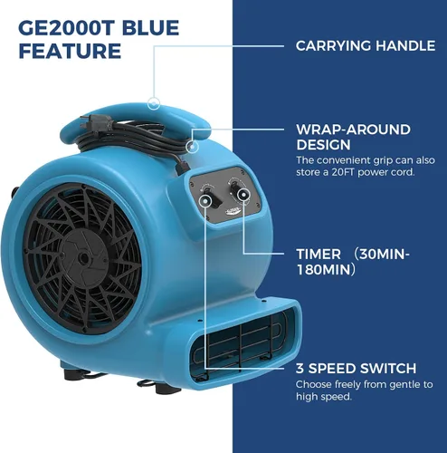 Miniatura 2 de ALORAIR Ventilador de Secado de Piso de 1/3 Hp 2000 CFM, Ventilador Soplador Movedor de Aire con Temporizador con Cable de 20 pies, 3 Velocidades, 5
