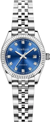 Miniatura 17 de Szaikyri Reloj clásico para mujer con banda de acero inoxidable sólido, reloj de vestir para mujer, reloj con calendario