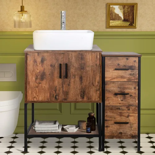 Miniatura 55 de UEV Juego de tocador de baño rústico marrón de 36 pulgadas con fregadero, marco de hierro industrial con 3 cajones laterales, fregadero de cerámica
