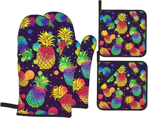 Juego de 4 manoplas de horno y soportes para ollas con diseño de piñas coloridas, guantes resistentes al calor para cocina, hornear, asar a la
