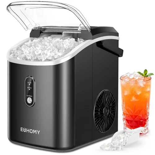 Miniatura 11 de EUHOMY, Fabricador de hielo para encimera con asa, listo en 6 minutos, 34 libras por día, cubierta superior extraíble, autolimpiante, máquina