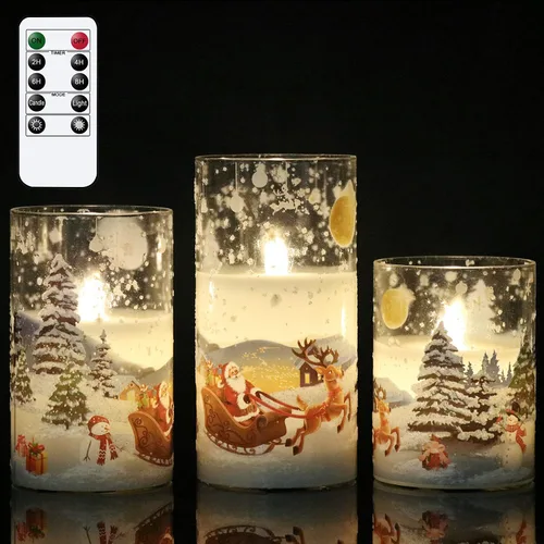 Miniatura 8 de Velas de muñeco de nieve de vidrio sin llama con pilas, control remoto y temporizador, cera real, LED, parpadeantes, pilar de velas blancas, luz