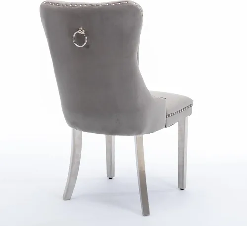 Miniatura 8 de Juego de 2 sillas de comedor de terciopelo, sillas decorativas tapizadas con patas de metal plateado, ribete de cabeza de clavo, tirador de anillo