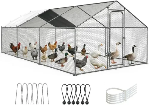 Miniatura 8 de ORANLAND Gallinero de metal grande, 9.9 x 9.9 x 6.6 pies con tapa, corral de pollo con techo de espira con cerradura de seguridad, jaula de conejo
