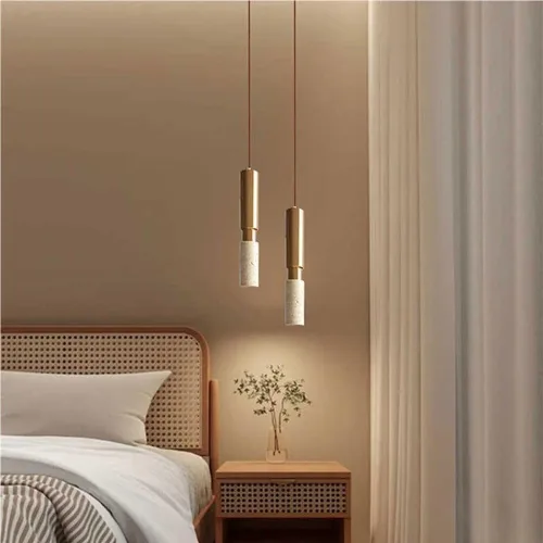 Miniatura 4 de Industrial Gold Iron Hanging Lamp Simple Long Tube Pendant Lights Japanese Wabi-Sabi 3000K Warm Light Yellow Travertine Chandelier for Living Room