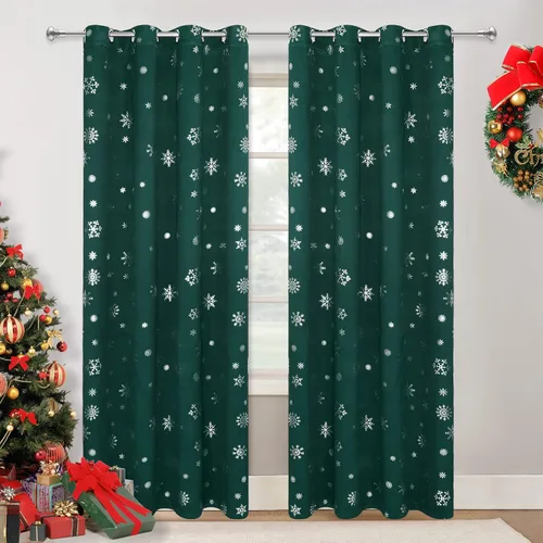 Miniatura 20 de FRAMICS Cortinas de Navidad con estampado de copos de nieve dorados en papel de aluminio, cortinas opacas con aislamiento térmico para sala de estar