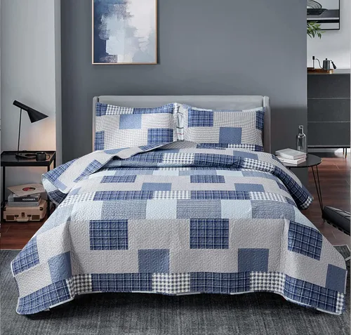 Miniatura 12 de Juego de edredón tamaño Queen, colcha a cuadros, cubrecama Queen, edredones Queen de retazos, ropa de cama para hombres colección a cuadros, colcha