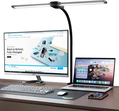 Lámpara de escritorio LED con dos cabezales, lámpara de escritorio con abrazadera, 12W, 2000 LMS, CRI>90, 5 modos de color (2700K-6500K), varios