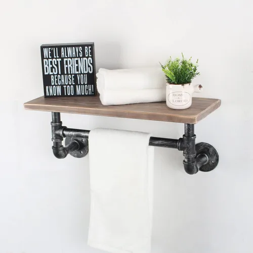 Miniatura 13 de MBQQ Estante de tubería industrial para baño, estantes montados en la pared, estante de madera rústica de 19.6 pulgadas con toallero, toallero