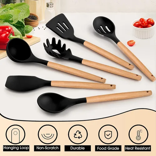 Miniatura 3 de E-far Juego de 6 utensilios de cocina de silicona con mango de madera, utensilios de cocina antiadherentes y resistentes al calor, incluye Negro