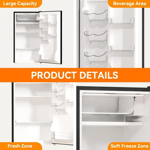 Miniatura 4 de Mini refrigerador de 3.2 pies cúbicos de una sola puerta con congelador, termostato ajustable, refrigerador pequeño de bajo ruido de ahorro