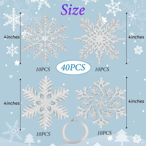 Miniatura 2 de MIAHART Paquete de 40 adornos de copos de nieve plateados de Navidad de 4 pulgadas, adornos de copos de nieve de plástico plateado con purpurina