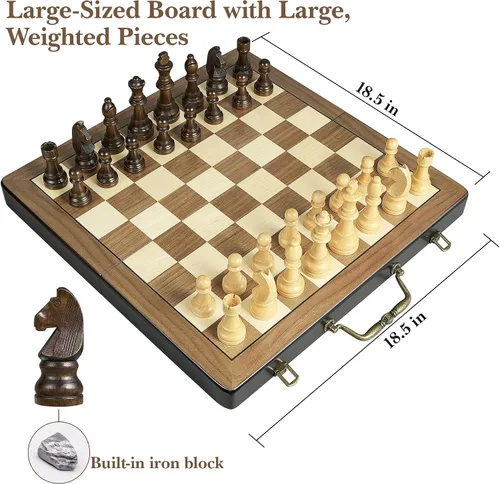 Miniatura 2 de Juego de ajedrez de madera de 18.5 pulgadas con asa, juegos de ajedrez para adultos y niños, juegos de mesa plegables portátiles con tamaño King