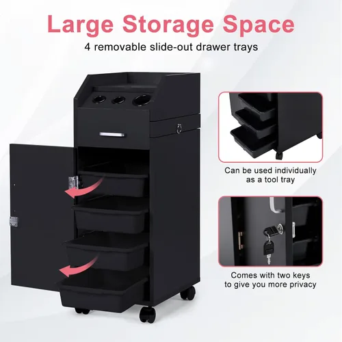 Miniatura 4 de Winado Carrito de almacenamiento de peluquería con ruedas y 3 soportes para secador de pelo, 4 cajones y cerradura y 2 llaves, estación de Negro