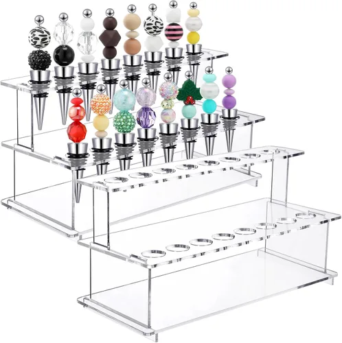 Menkxi 2 tapones para botellas de vino, escaleras, 16 ranuras, acrílico transparente, 2 niveles, soporte para tapón de vino, soporte de exhibición
