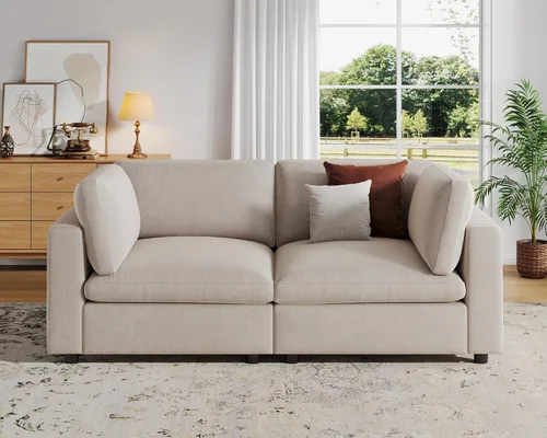 Miniatura 21 de VANOMi Sofá modular, cómodo sofá con marco de madera maciza de 3 asientos, sofá moderno certificado FSC para sala de estar, beige