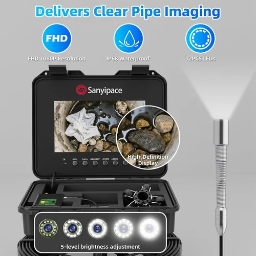 Miniatura 6 de Sanyipace Cámara de Alcantarillado con Localizador de Tuberías, Cable de 7mm/0.28pulgadas, 512Hz, Pantalla IPS de 10.1", Tarjeta de 32GB, Cámara