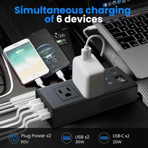 Miniatura 3 de Convertidor de voltaje de automóvil de 300 W, inversor de CC de 12 V a CA, puertos de 110 V, cargador de coche de carga rápida con enchufe
