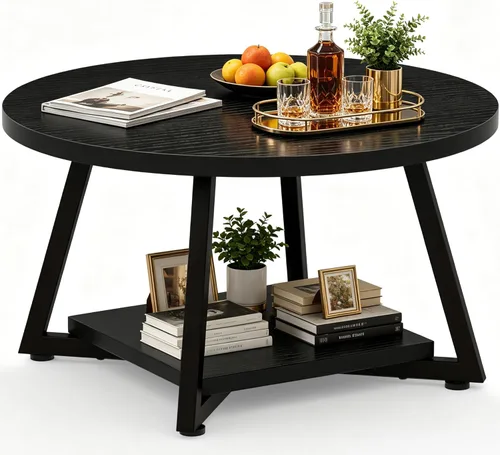 Miniatura 11 de Mesa de Café FAMIDGE, Mesas de Café de 23.6" para Sala de Estar, Mesa de Café Redonda con Marco de Metal, Mesa de Piso para Sentarse en el Suelo