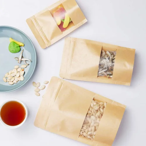 Miniatura 6 de Bolsas de papel kraft de pie 100 unidades, bolsas resellables marrones con ventana para el hogar o negocios, café, bolsas de almacenamiento