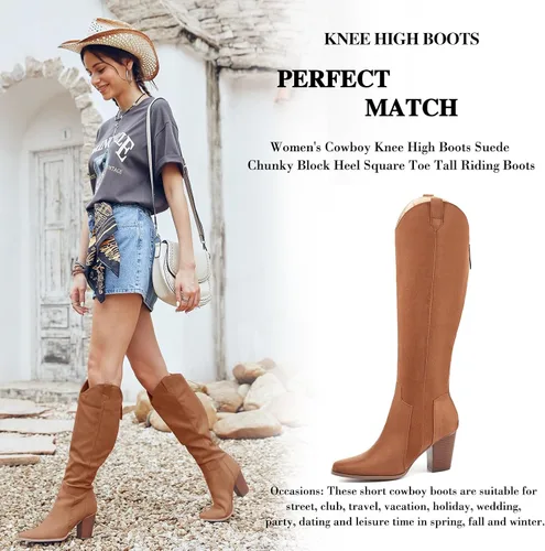 Miniatura 4 de Coutgo Botas vaqueras altas hasta la rodilla para mujer, botas altas de equitación con tacón de bloque grueso, punta cuadrada