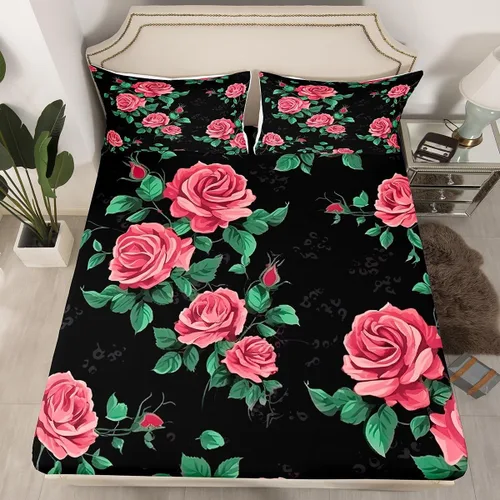 Miniatura 2 de Erosebridal Juego de sábanas de tamaño individual con diseño de rosas rojas, diseño floral rosa, ramas de hojas verdes, sábanas temáticas de plantas