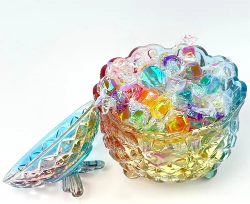 Miniatura 3 de Tarro de almacenamiento de barril de caramelo de cristal colorido tarro de almacenamiento de galletas de lujo en relieve bote de buffet con tapas