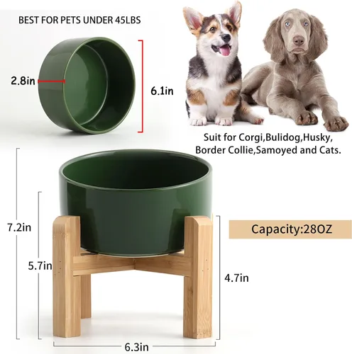 Miniatura 3 de Petygooing Cuenco Elevado/Alzado de Cerámica Inclinado 15° para Perros de Razas Pequeñas y Medianas, Cuenco Inclinado Antideslizante para Verde óxido