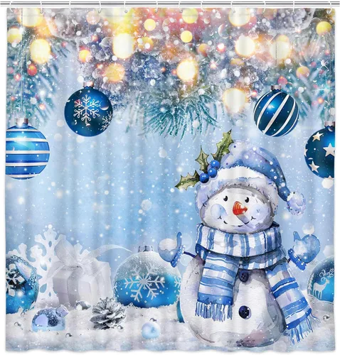 Miniatura 3 de Cortina de ducha de Navidad de invierno, muñeco de nieve, bola azul, copo de nieve, árbol de pino, cortina de baño para decoración de vacaciones