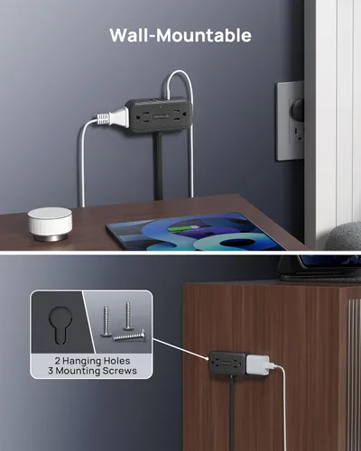 Miniatura 8 de TROND Regleta de alimentación de enchufe plano de 3 pies, cable de extensión plano pequeño con múltiples tomas, 4 puertos de CA y 4 puertos USB