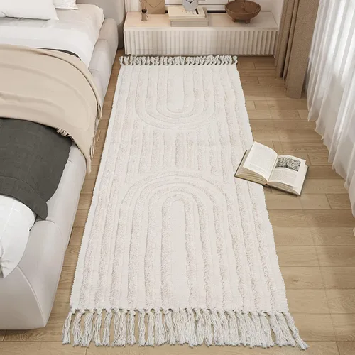 Miniatura 12 de LEEVAN - Alfombra de camino estilo bohemio lavable 2 x 5 pies, tejida en color beige, de algodón para cocina rústica con borlas, alfombra de acento