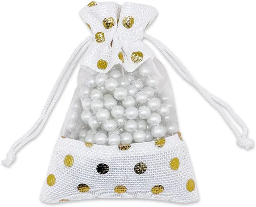 Miniatura 2 de Paquete de 12 bolsas de regalo pequeñas de lino, arpillera y organza con cordones (3.5 x 5.5 pulgadas, lunares blancos/dorados) - Recuerdos
