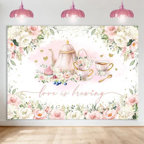Avezano Telón de fondo Love is Brewing para fiesta de té, decoración de despedida de soltera, decoración de despedida de soltera, fondo de fotos,
