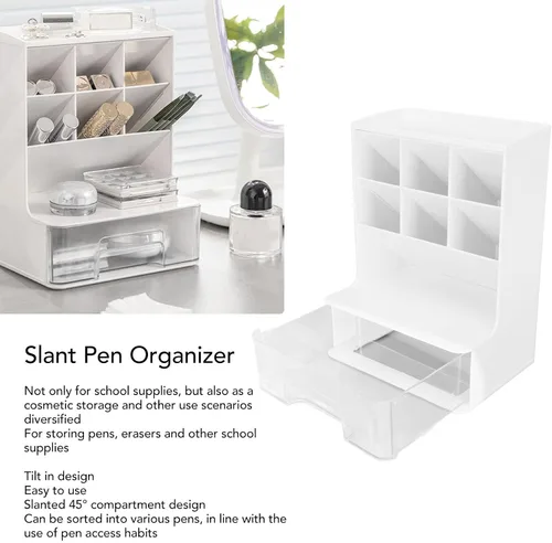 Miniatura 2 de Wnvivi Organizador de bolígrafo inclinado, soporte para bolígrafo de escritorio, soporte para brochas de maquillaje con cajón, organizador Rosa