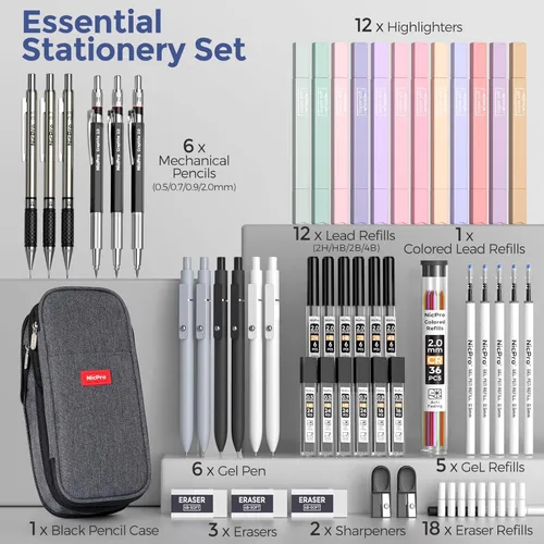 Miniatura 7 de Nicpro Juego de 50 artículos escolares con estuche para lápices, 6 bolígrafos de gel y recargas, 12 resaltadores, 6 lápices mecánicos artísticos, 12