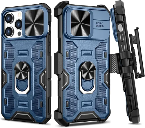 Miniatura 9 de VEGO Funda para iPhone 13 y iPhone 14 con soporte de clip para cinturón, cubierta deslizante para cámara y soporte magnético giratorio de 360°