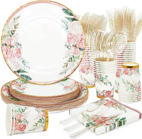 HAPRAY - Conjunto floral de platos desechables y servilletas para 24 invitados, incluye platos, vasos, cuchillos, cucharas y tenedores para baby