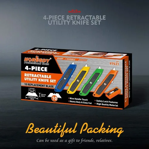 Miniatura 2 de HORUSDY Paquete de 4 cuchillos utilitarios de cortadores de caja, cortador de caja retráctil de carcasa de aluminio resistente para cartón, cajas