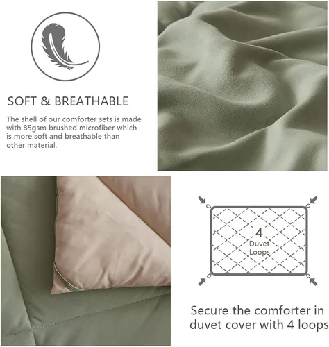 Miniatura 7 de NexHome - Juego de edredón individual Sage & Beige, juego de edredón reversible de 2 piezas, ligero, de plumón alternativo, juego de ropa de cama
