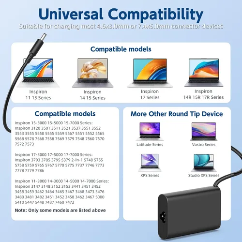 Miniatura 4 de Cargador para laptop de 65 W compatible con el cargador de laptop Dell Inspiron 11/13/14/15/17 3000 5000 7000 Series, cable de alimentación