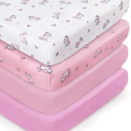 Miniatura 10 de Juego de sábanas para mini cuna para niñas, paquete de 4, sábanas para mini cuna portátil para niñas (38" x 24") Multiuso para Pack n Play