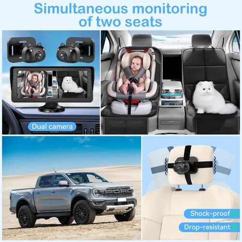 Miniatura 5 de Cámara dual de coche para bebé para 2 niños, pantalla dividida de 6.9 pulgadas, pantalla ultra ancha HD con dos cámaras, fácil configuración
