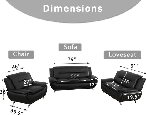 Miniatura 2 de Juego de sofá de cuero (3 piezas, cuero negro B), muebles de sala de estar para apartamento, material de estilo minimalista, fácil montaje B-cuero