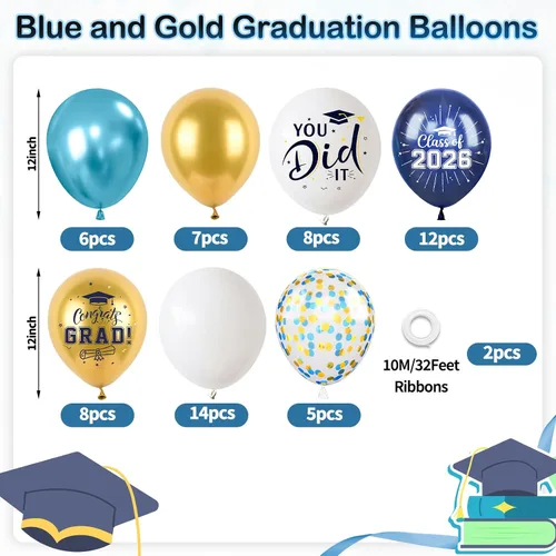 Miniatura 2 de Globos de graduación azules y dorados, 60 globos impresos con texto en inglés "Felicitaciones", 12 pulgadas, azul marino, blanco, azul, metálico