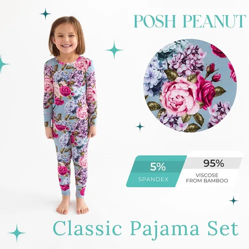 Miniatura 104 de Posh Peanut Pijamas para niñas, suaves, de viscosa de bambú para niños, pijamas a juego de manga larga para niñas