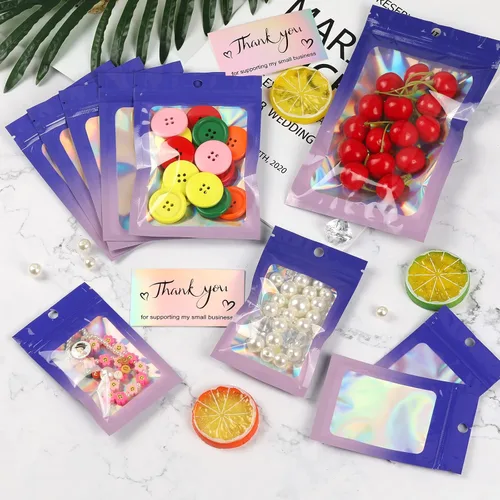 Miniatura 6 de 120 bolsas de tereftalato de polietileno a prueba de olores, bolsa de embalaje holográfica resellable con ventana transparente para alimentos